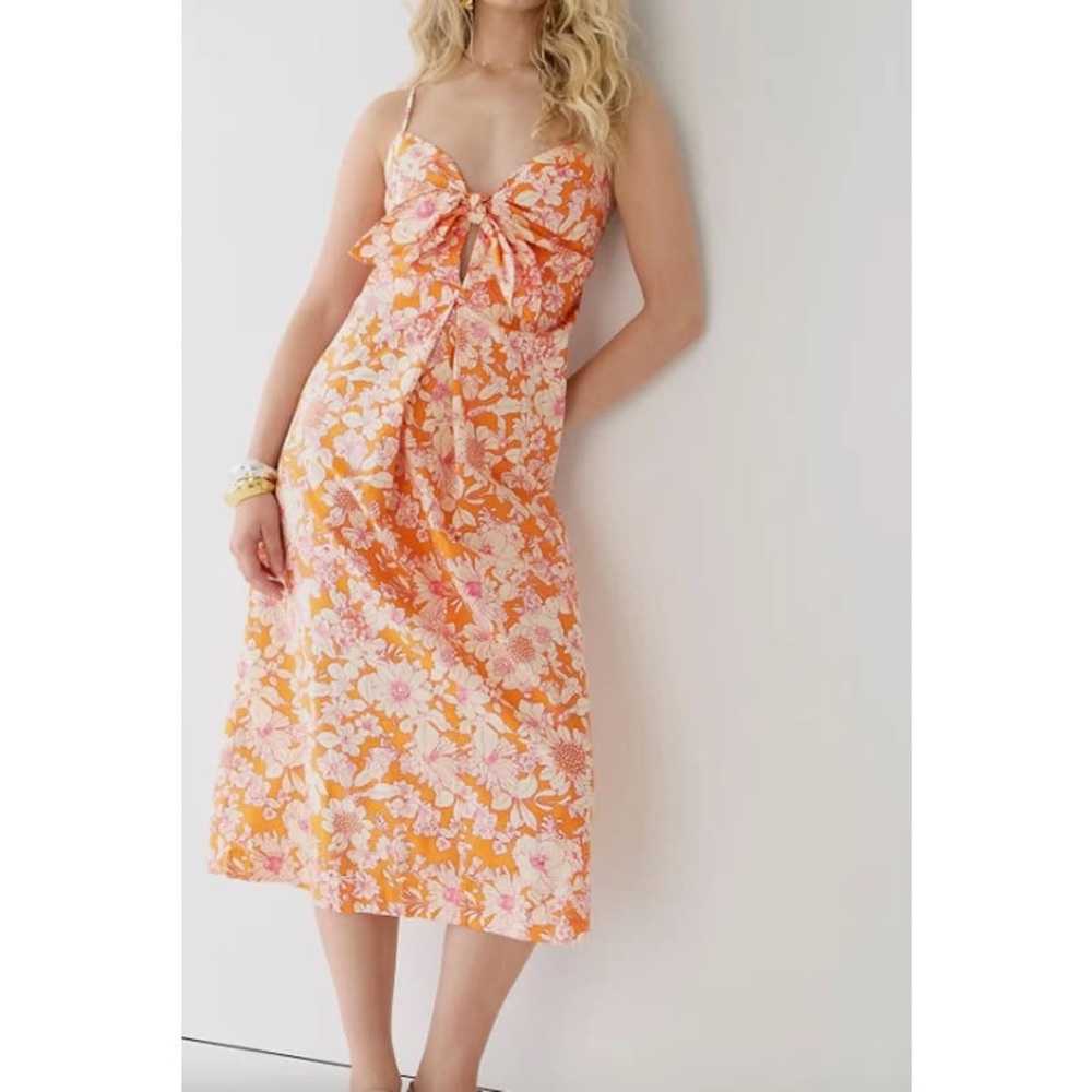 NWT J. Crew Tie-front Cotton Poplin Midi Dress in Orange Floral Women's Small